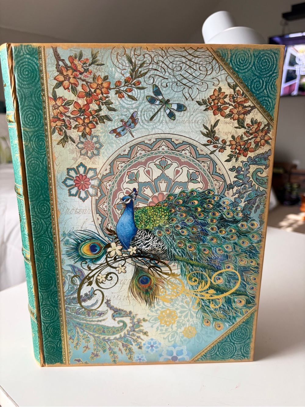 Decorative Peacock hidden Storage Book Teal & Gold Accents large